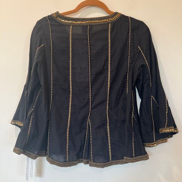 Wrap London Godet Cotton Sequin Bell Sleeve V Neck Blouse Sz 6 Black Gold - Picture 5 of 10